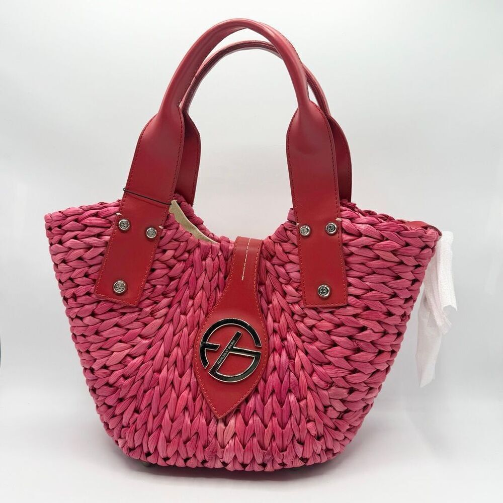 Francesco Biasia Freeway Jam Flame Red Pink Straw Woven Bag with Leather Handles
